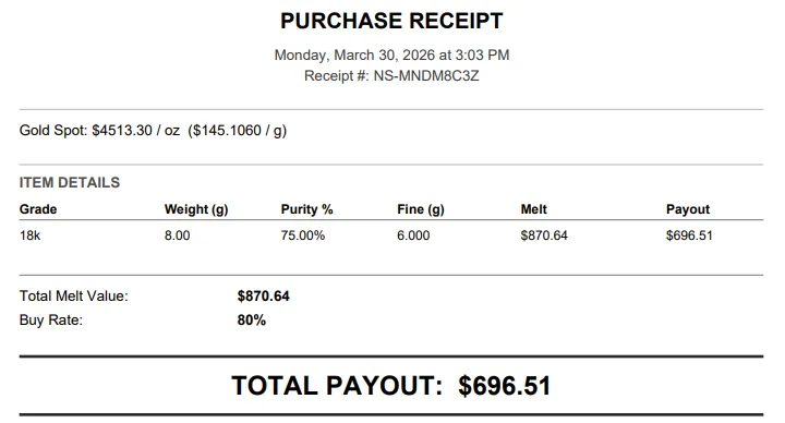 Nu Stack purchase receipt showing gold spot, grade, weight, purity, fine grams, melt value, buy rate and total payout