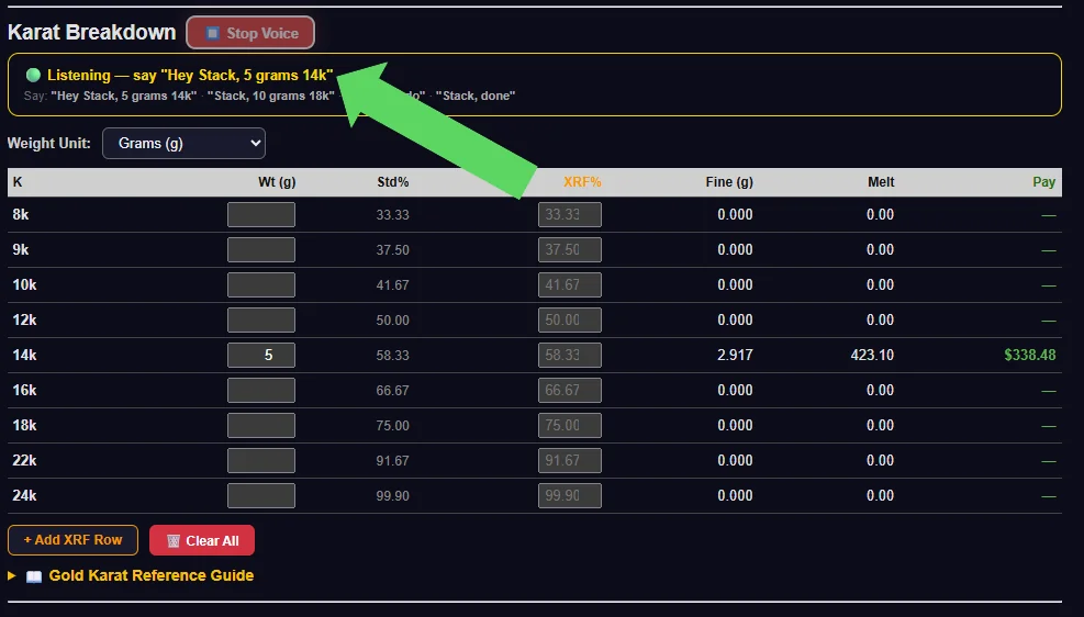 Nu Stack voice entry: saying 'Hey Stack, 5 grams 14k' fills the 14K row with fine grams, melt value and payout