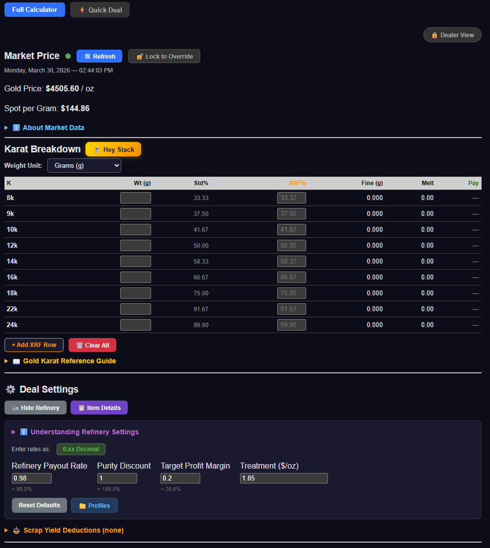 Nu Stack scrap gold calculator showing melt value, deal gauge, and refinery payout for 14K gold